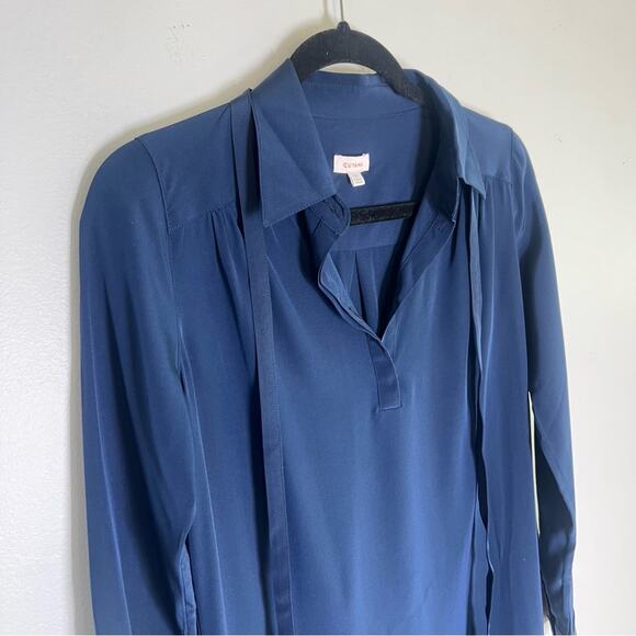 Cuyana Sz XS Gathered Silk Shirt Dress Long Sleeve Navy Blue with Belt - Picture 7 of 7